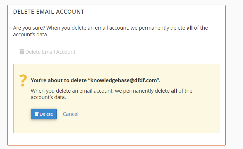 Email Accounts delete tab